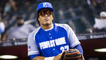 Aug 28, 2022; Phoenix, Arizona, US; East outfielder Alfonsin Rosario (37) during the Perfect Game All-American Classic high school baseball game at Chase Field. Mandatory Credit: Mark J. Rebilas-Imagn Images