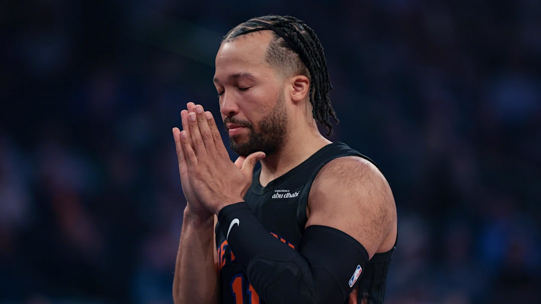 New York Knicks guard Jalen Brunson (11) reflects before the game against the Toronto Raptors at Madison Square Garden.