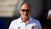 Oct 5, 2024; Tempe, Arizona, USA; Kansas Jayhawks head coach Lance Leipold against the Arizona State Sun Devils at Mountain America Stadium. Mandatory Credit: Mark J. Rebilas-Imagn Images