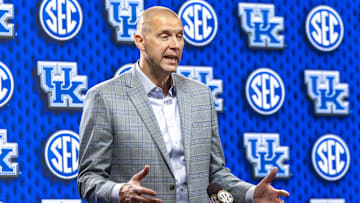 Oct 14, 2025; Birmingham, AL, USA; Kentucky Wildcats head coach Mark Pope talks with the media during SEC Media Days at Grand Bohemian Hotel. Mandatory Credit: Vasha Hunt-Imagn Images