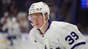 Oct 21, 2023; Tampa, Florida, USA;  Toronto Maple Leafs center Fraser Minten (39) warms up before a game against the Tampa Bay Lightning at Amalie Arena. Mandatory Credit: Nathan Ray Seebeck-Imagn Images