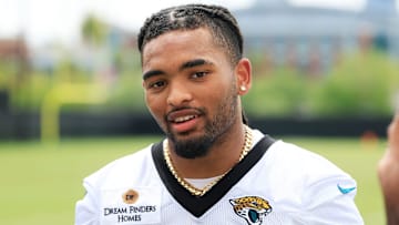 Jacksonville Jaguars safety Cam'Ron Silmon-Craig (32) talks during an interview during a rookie minicamp at Miller Electric Center Saturday, May 10, 2025 in Jacksonville, Fla. [Corey Perrine/Florida Times-Union]