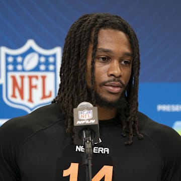 Feb 28, 2025; Indianapolis, IN, USA; Oregon running back Jordan James (RB14) talks to the press during the 2025 NFL Combine at Indiana Convention Center. Mandatory Credit: Stephanie Amador Blondet-Imagn Images