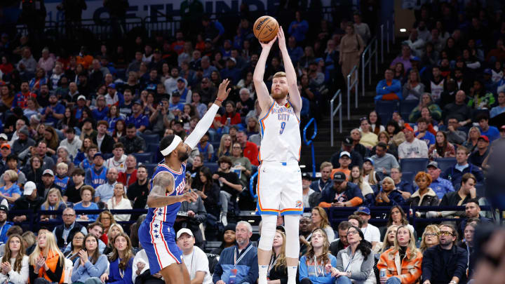 Nov 25, 2023; Oklahoma City, Oklahoma, USA; Oklahoma City Thunder forward Davis Bertans (9) shoots against the Philadelphia 76ers during the second half at Paycom Center. Mandatory Credit: Alonzo Adams-USA TODAY Sports