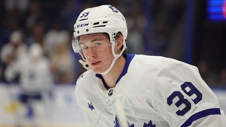 Oct 21, 2023; Tampa, Florida, USA;  Toronto Maple Leafs center Fraser Minten (39) warms up before a game against the Tampa Bay Lightning at Amalie Arena. Mandatory Credit: Nathan Ray Seebeck-Imagn Images