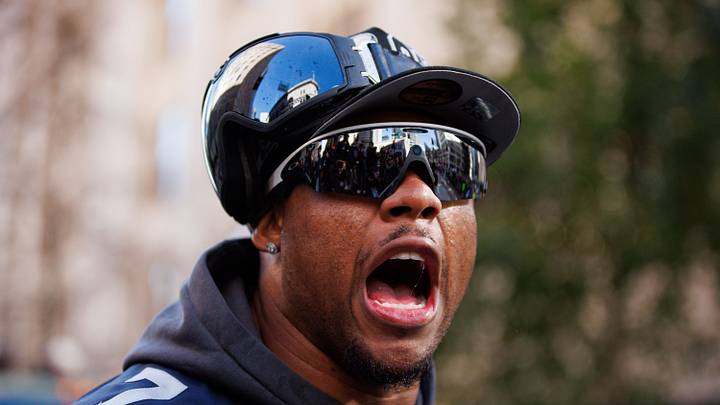 Seattle Seahawks linebacker Uchenna Nwosu reacts during the Super Bowl LX parade