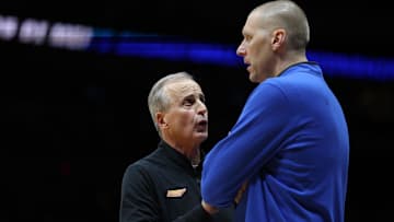 Mar 28, 2025; Indianapolis, IN, USA; Kentucky Wildcats head coach Mark Pope and Tennessee Volunteers head coach Rick Barnes talk after the game for the Midwest Regional semifinal of the 2025 NCAA tournament at Lucas Oil Stadium. Mandatory Credit: Trevor Ruszkowski-Imagn Images