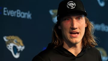 Jacksonville Jaguars quarterback Trevor Lawrence (16) speaks during a press conference at Miller Electric Center Wednesday, April 9, 2025 in Jacksonville, Fla. [Corey Perrine/Florida Times-Union]