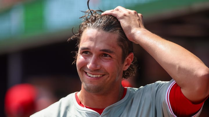 Jul 7, 2024; Atlanta, Georgia, USA; Philadelphia Phillies pitcher Tyler Phillips (48) in the dugout against the Atlanta Braves in the eighth inning at Truist Park. Mandatory Credit: Brett Davis-USA TODAY Sports