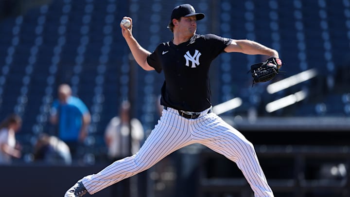 Feb 13, 2025; Tampa, FL, USA; New York Yankees starting pitcher Gerrit Cole (45) participates in spring training workouts at George M. Steinbrenner Field. Feb 13, 2025; Tampa, FL, USA; New York Yankees starting pitcher Gerrit Cole (45) participates in spring training workouts at George M. Steinbrenner Field.