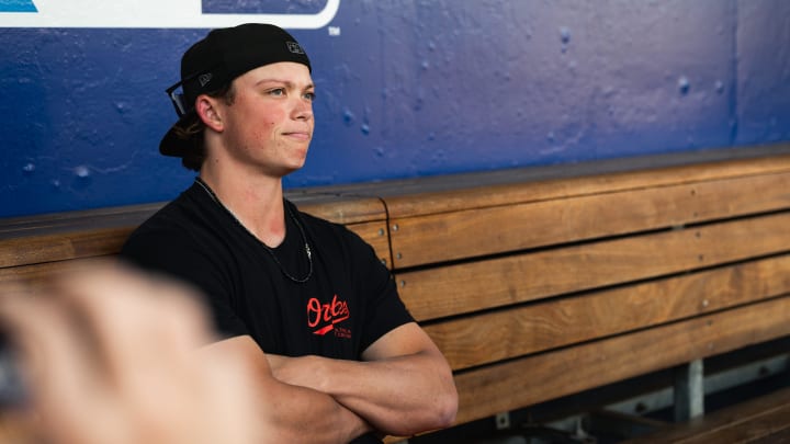 Norfolk Tides infielder Jackson Holliday answers questions from the media prior to his team's game with the WooSox Friday at Polar Park.