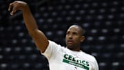 Apr 23, 2025; Boston, Massachusetts, USA; Boston Celtics center Al Horford (42) shoots before their game 2 against the Orlando Magic in the first round for the 2024 NBA Playoffs at TD Garden. Mandatory Credit: Winslow Townson-Imagn Images