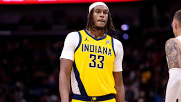 Nov 1, 2024; New Orleans, Louisiana, USA;  Indiana Pacers center Myles Turner (33) looks on against the New Orleans Pelicans during the second half at Smoothie King Center. Mandatory Credit: Stephen Lew-Imagn Images