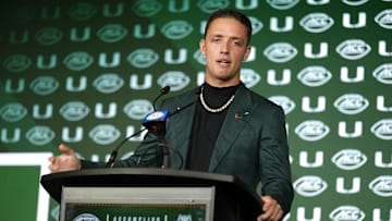 Jul 22, 2025; Charlotte, NC, USA; Miami quarterback Carson Beck answers questions from the media during ACC Media Days at Hilton Charlotte Uptown. Mandatory Credit: Jim Dedmon-Imagn Images