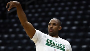 Apr 23, 2025; Boston, Massachusetts, USA; Boston Celtics center Al Horford (42) shoots before their game 2 against the Orlando Magic in the first round for the 2024 NBA Playoffs at TD Garden. Mandatory Credit: Winslow Townson-Imagn Images
