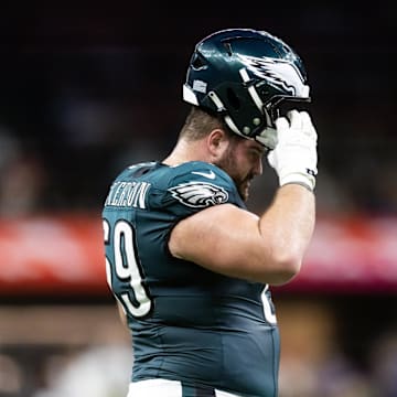Feb 9, 2025; New Orleans, LA, USA; Philadelphia Eagles  guard Landon Dickerson (69) against the Kansas City Chiefs during Super Bowl LIX at Ceasars Superdome. Mandatory Credit: Mark J. Rebilas-Imagn Images