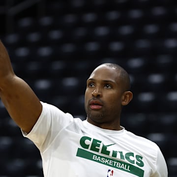 Apr 23, 2025; Boston, Massachusetts, USA; Boston Celtics center Al Horford (42) shoots before their game 2 against the Orlando Magic in the first round for the 2024 NBA Playoffs at TD Garden. Mandatory Credit: Winslow Townson-Imagn Images
