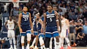  Minnesota Timberwolves guard Anthony Edwards (5) looks to the Los Angeles Lakers bench after scoring and picking up a foul in the second quarter during game four of first round for the 2025 NBA Playoffs at Target Center. 