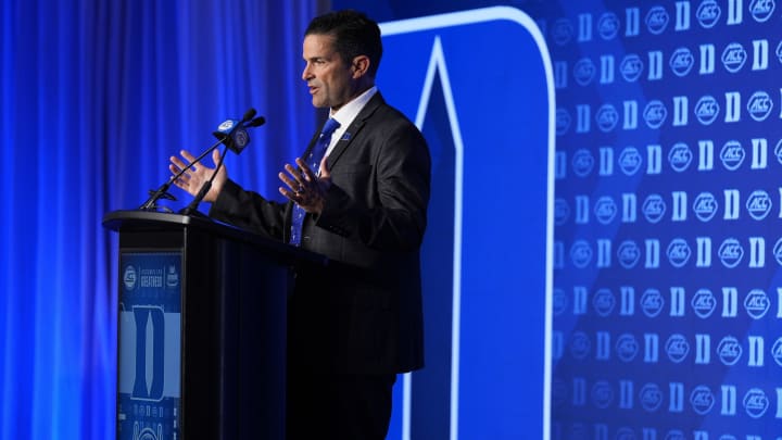 Jul 24, 2024; Charlotte, NC, USA; Duke Blue Devils head coach Manny Diaz speaks to the media during the ACC Kickoff at Hilton Charlotte Uptown. Mandatory Credit: Jim Dedmon-USA TODAY Sports