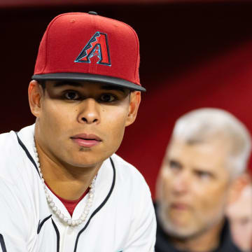 Apr 1, 2024; Phoenix, Arizona, USA; Arizona Diamondbacks outfielder Jorge Barrosa against the New York Yankees at Chase Field. Mandatory Credit: Mark J. Rebilas-USA TODAY Sports