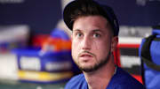 Sep 8, 2025; Atlanta, Georgia, USA; Chicago Cubs right fielder Kyle Tucker (30) in the dugout against the Atlanta Braves in the eighth inning at Truist Park