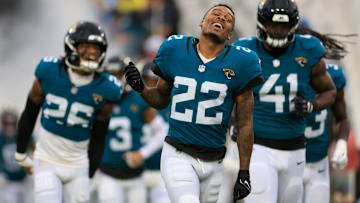 Jacksonville Jaguars cornerback Jarrian Jones (22) runs on the field before an NFL football matchup Sunday, Dec. 29, 2024 at EverBank Stadium in Jacksonville, Fla. The Jaguars held off the Titans 20-13. [Corey Perrine/Florida Times-Union]