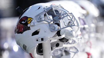 Dec 22, 2024; Charlotte, North Carolina, USA; A general view of Arizona Cardinals helmets during the first quarter against the Carolina Panthers at Bank of America Stadium. Mandatory Credit: Jim Dedmon-Imagn Images