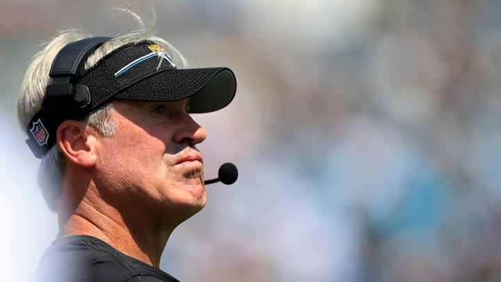 Jacksonville Jaguars head coach Doug Pederson looks on during the first quarter of an NFL football matchup Sunday, Sept. 24, 2023 at EverBank Stadium in Jacksonville, Fla. The Houston Texans defeated the Jacksonville Jaguars 37-17. [Corey Perrine/Florida Times-Union]