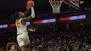 Nov 9, 2025; Columbia, Missouri, USA; Missouri Tigers guard Sebastian Mack (12) jumps for a shot against the VMI Keydets at Mizzou Arena.