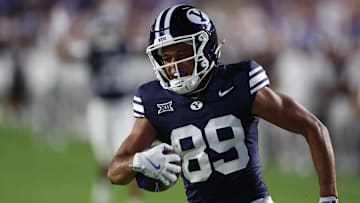 Aug 30, 2025; Provo, Utah, USA; Brigham Young Cougars wide receiver Dominique McKenzie (89) reacts to scoring a touchdown against the Portland State Vikings during the fourth quarter at LaVell Edwards Stadium. Mandatory Credit: Rob Gray-Imagn Images