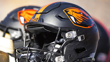 Nov 19, 2022; Tempe, Arizona, USA; Detailed view of an Oregon State Beavers helmet at Sun Devil Stadium. Mandatory Credit: Mark J. Rebilas-Imagn Images