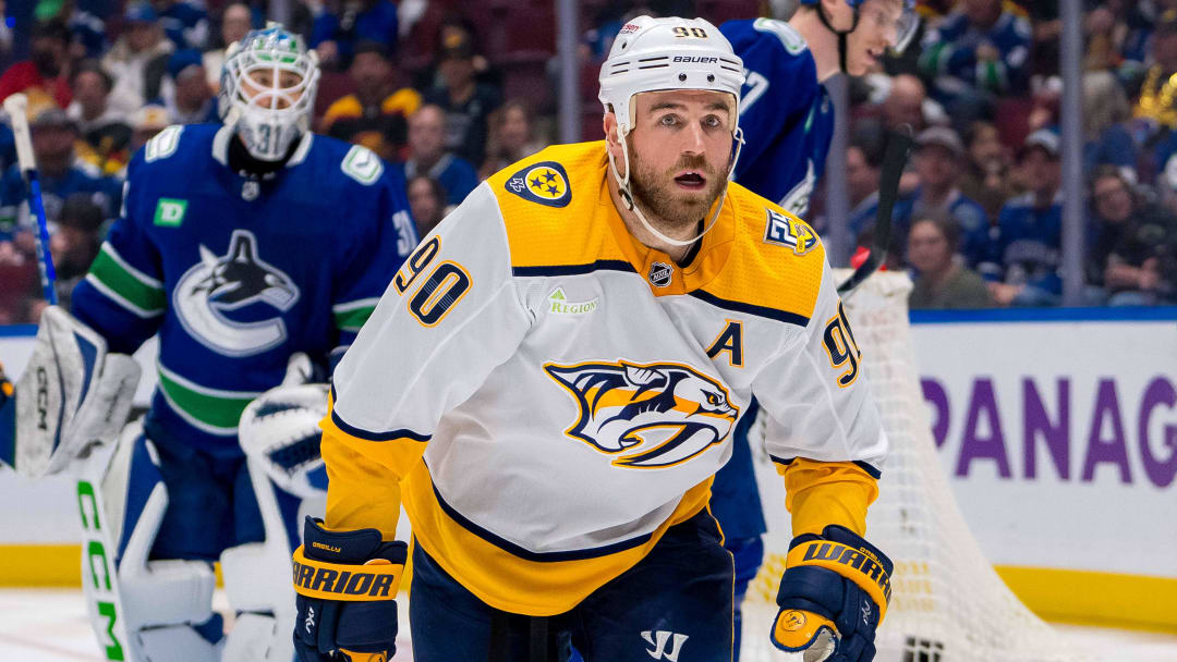 Apr 30, 2024; Vancouver, British Columbia, CAN; Nashville Predators forward Ryan O'Reilly (90) in a stop in play against the Vancouver Canucks during the second period in game five of the first round of the 2024 Stanley Cup Playoffs at Rogers Arena. Mandatory Credit: Bob Frid-USA TODAY Sports
