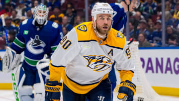 Apr 30, 2024; Vancouver, British Columbia, CAN; Nashville Predators forward Ryan O'Reilly (90) in a stop in play against the Vancouver Canucks during the second period in game five of the first round of the 2024 Stanley Cup Playoffs at Rogers Arena. Mandatory Credit: Bob Frid-USA TODAY Sports