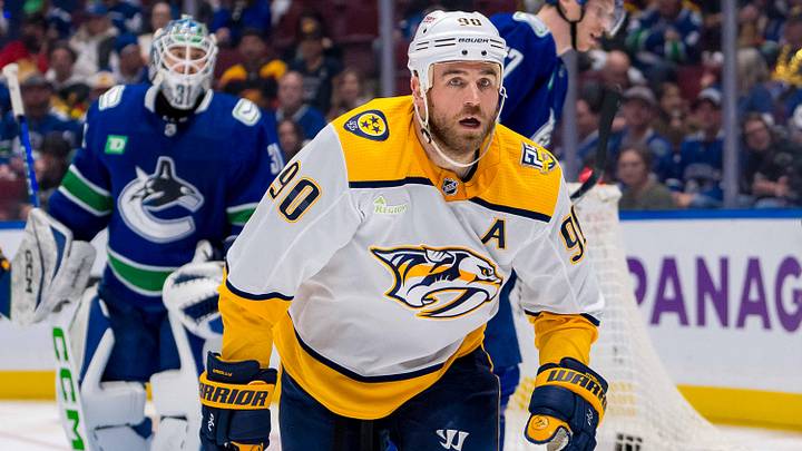 Apr 30, 2024; Vancouver, British Columbia, CAN; Nashville Predators forward Ryan O'Reilly (90) in a stop in play against the Vancouver Canucks during the second period in game five of the first round of the 2024 Stanley Cup Playoffs at Rogers Arena. Mandatory Credit: Bob Frid-USA TODAY Sports