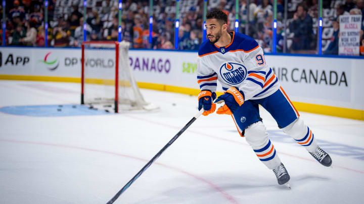 May 16, 2024; Vancouver, British Columbia, CAN; Edmonton Oilers forward Evander Kane (91) skates in warm up prior to game five of the second round of the 2024 Stanley Cup Playoffs against the Vancouver Canucks at Rogers Arena. Mandatory Credit: Bob Frid-USA TODAY Sports