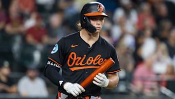 Apr 7, 2025; Phoenix, Arizona, USA; Baltimore Orioles second baseman Jackson Holliday against the Arizona Diamondbacks at Chase Field. Mandatory Credit: Mark J. Rebilas-Imagn Images