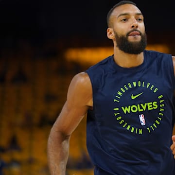 May 12, 2025; San Francisco, California, USA; Minnesota Timberwolves center Rudy Gobert (27) jogs towards the locker room before the start of the game against the Golden State Warriors during game four of the second round for the 2025 NBA Playoffs at Chase Center.