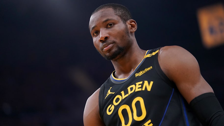 Jonathan Kuminga stands on the court before a play against the Timberwolves in Game 4 of the Western Conference semifinals. | Cary Edmondson-Imagn Images