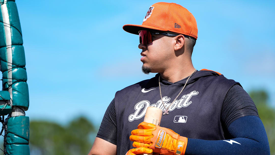 Detroit Tigers catcher Thayron Liranzo walks out of batting cage after practice during spring training at TigerTown in Lakeland, Fla. on Saturday, Feb. 15, 2025.