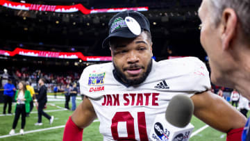 Dec 16, 2023; New Orleans, LA, USA;  Jacksonville State Gamecocks defensive lineman Chris Hardie (91) talks to the media after the game against the Louisiana-Lafayette Ragin Cajuns at the Caesars Superdome. Mandatory Credit: Stephen Lew-USA TODAY Sports