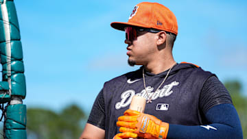 Detroit Tigers catcher Thayron Liranzo walks out of batting cage after practice during spring training at TigerTown in Lakeland, Fla. on Saturday, Feb. 15, 2025.