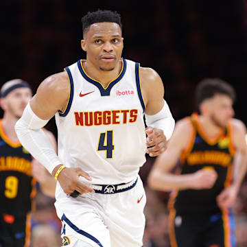 May 5, 2025; Oklahoma City, Oklahoma, USA; Denver Nuggets guard Russell Westbrook (4) runs down the court after a play against the Oklahoma City Thunder during the second half during game one of the second round for the 2025 NBA Playoffs at Paycom Center. Mandatory Credit: Alonzo Adams-Imagn Images