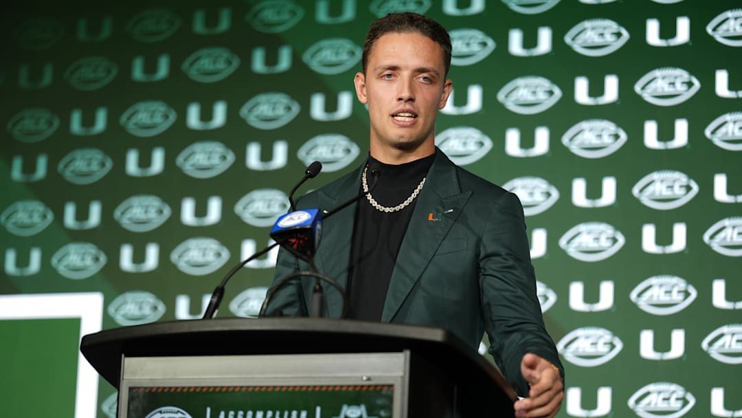 Jul 22, 2025; Charlotte, NC, USA; Miami quarterback Carson Beck answers questions from the media during ACC Media Days at Hilton Charlotte Uptown. Mandatory Credit: Jim Dedmon-Imagn Images Jul 22, 2025; Charlotte, NC, USA; Miami quarterback Carson Beck answers questions from the media during ACC Media Days at Hilton Charlotte Uptown. Mandatory Credit: Jim Dedmon-Imagn Images
