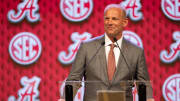 Jul 17, 2024; Dallas, TX, USA; Alabama head coach Kalen DeBoer speaking at Omni Dallas Hotel. Mandatory Credit: Brett Patzke-USA TODAY Sports