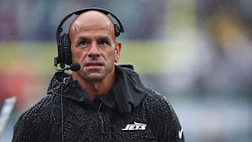 New York Jets head coach Robert Saleh looks on during the first half against the Denver Broncos.