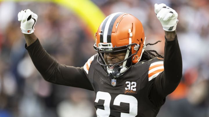 Dec 10, 2023; Cleveland, Ohio, USA; Cleveland Browns cornerback Martin Emerson Jr. (23) celebrates during the first quarter against the Jacksonville Jaguars at Cleveland Browns Stadium. Mandatory Credit: Scott Galvin-USA TODAY Sports