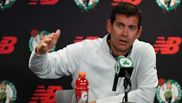 Oct 2, 2023; Boston, Celtics, USA; Boston Celtics president of basketball operations Brad Stevens talks during Boston Celtics Media Day. Mandatory Credit: David Butler II-Imagn Images