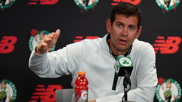 Oct 2, 2023; Boston, Celtics, USA; Boston Celtics president of basketball operations Brad Stevens talks during Boston Celtics Media Day. Mandatory Credit: David Butler II-Imagn Images