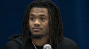 Texas running back Jaydon Blue talks to the press during the 2025 NFL Combine at the Indiana Convention Center.