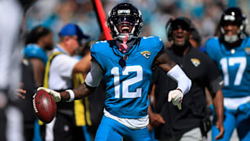 Jacksonville Jaguars wide receiver Travis Hunter (12) reacts to his carry during the first quarter of an NFL football matchup, Sunday, Oct. 12, 2025, at EverBank Stadium in Jacksonville, Fla. The Seahawks defeated the Jaguars 20-12.